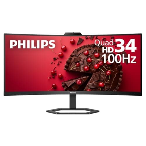 Philips 34E1C5600HE 34" UltraWide QHD 21:9 Monitor with Built-in Windows Hello Webcam & Noise Canceling Mic, USB-C Docking, Stereo Speakers, 100Hz, 4-Year Advance Replacement,Black