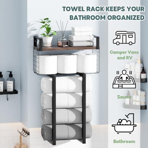 Loteba Towel Rack Wall Mounted for Bathroom. Multi-Functional Bath Floating Shelves with Towel Rack, Paper Holder and Storage Basket Over The Toilet for RV Camper or Small Space 3