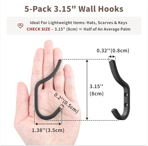 GWAAZXGZ Wall Hooks for Hanging Coat - 5 Pack Black Arc Double Hooks, Sturdy Metal Matte Finish, Organize Coats, Hats, Bags in Entryway, Closet, Bedroom 5