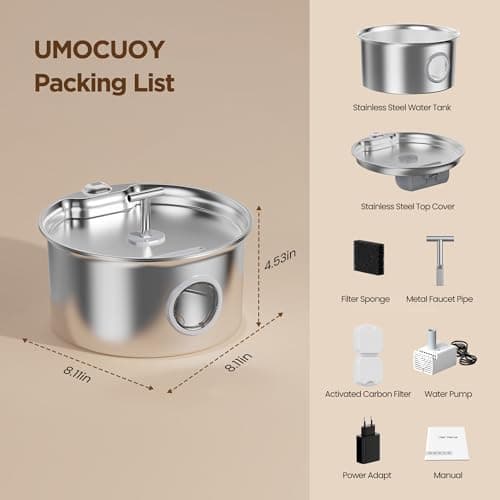 Cat Water Fountain Stainless Steel: 2.6L Cat Fountain for Drinking - Pet Water Fountain for Cats Indoor - Automatic Pet Water Dispenser Bowl - Best Auto Feeding Supplies Gift for Small Dog Large Kitty 9