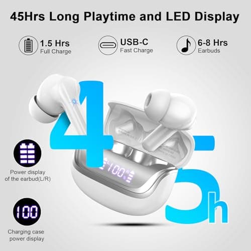 Wireless Earbuds, Bluetooth 5.4 Headphones Deep Bass Stereo, in-Ear Earphones with ENC Noise Canceling Mics, 45H Playtime Ear Buds Dual LED Display, IP7 Waterproof Wireless Headphones for Android iOS 5