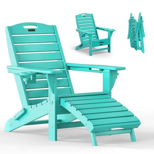 SUUNYN Folding Adirondack Chair with Retractable Ottoman Weather Resistant Fire Pit Chair Patio Chair with 2 Cup Holder Lawn Outdoor Lounge Chair (Lake Blue)