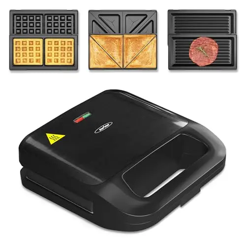 Sunvivi Sandwich Maker Panini Press: Waffle Maker with Removable Plates, 3 in 1 Sandwich Maker Press with Non-Stick Plates, Indicator Lights & Cool Touch Handle, 750W, Black