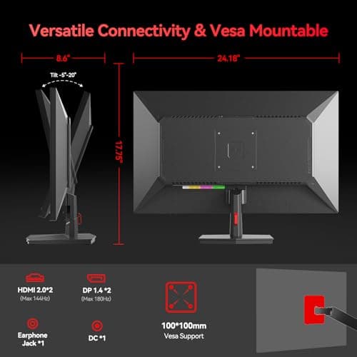 TITAN ARMY 27 Inch 180Hz 1440p Gaming Monitor, Fast IPS Panel, QHD 2K 2560 x 1440p, HDR 1ms GTG, Adaptive Sync Vertical Monitor, 120% sRGB, VESA 100 * 100 HDMI 2.0, DisplayPort 1.4, P27GR 9