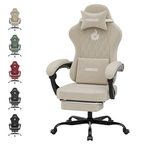 NIONIK Ergonomic Gaming Chair Video Gamer Chairs Gaming Computer Chairs Gamer Chairs for Adults Massage Lumbar Support Swivel Height Adjustable Headrest Backrest Beige
