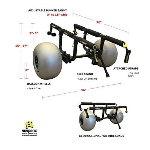 Suspenz Fishing Kayak Beach Sand Cart Trolley | Heavy Duty Canoe Carrier Trailer with Adjustable Bi-Directional Bunker Bars and Balloon Wheels | Catch-All Universal Beach Cart (22-9910) 6
