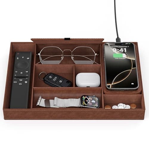 Valet Tray with Wireless Charger, Nightstand Organizer, Leather Desk Drawer Organizer Tray with 7 Compartments for Jewelries, Watch, Key, Wallet, Phone, Brown