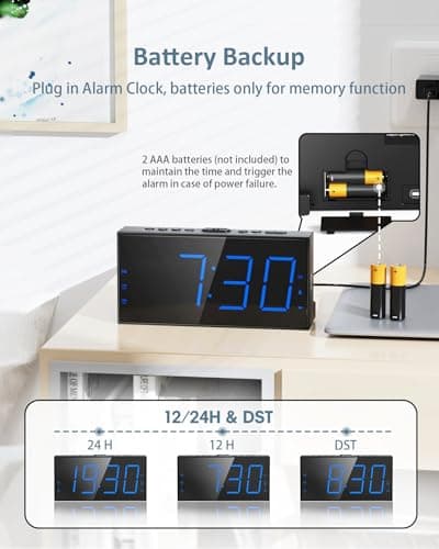 Roxicosly Loud Alarm Clock with Bed Shaker, Vibrating Alarm Clock for Heavy Sleepers/Hard of Hearing/Deaf,Dual Alarms, 7.5’’ Large LED Display, Dimmer, USB Charging Port, Plug-in with Memory Function 6
