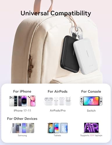 RORRY Portable Charger, 10000mAh PD 30W Fast Charging Portable Charger Power Bank with Built-in Cables, Travel Keychain Charger Battery Pack for iPhone 17/16/15/14/13/12, for AirPods 2/3/4/Pro, Black 6