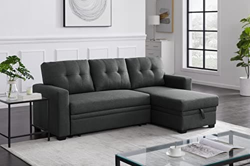 FurGenius L-Shape Convertible Sleeper Sectional Sofa with Storage Chaise and Pull-Out Bed, Linen Upholstered Reversible Corner Couch w/Arms for Living Room, Apartment, Home Furniture, Dark Gray