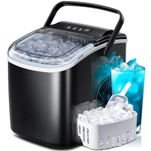Countertop Ice Maker Machine with Handle, Portable Maker, 27lbs/24Hrs, 7Mins/9 Pcs ice Cubes, Self-Cleaning Table Top Maker with Ice Basket/Scoop, for Home/Kitchen/Office(Black)