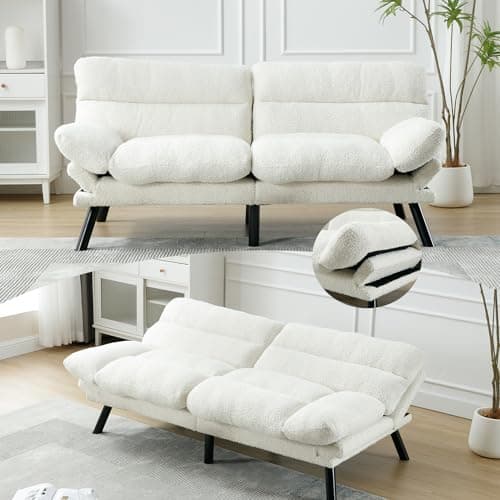 Modern White Teddy Convertible Folding Futon Couch Sofa Bed Adjustable Pillow Top Arm Memory Foam Couch Double Loveseat Sofa for Compact Living Space,Dorm,Game Studio,Apartment,Bedroom (White Teddy)