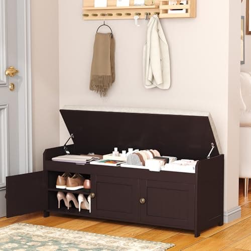 HOMEFORT 41.3" Shoe Bench with Lift Top Storage, Entryway Bench with Cushioned Seat, Wooden End of Bed Bench, Shoe Cabinet Bench with Hidden Storage Space, for Bedroom, Hallway,Espresso 8
