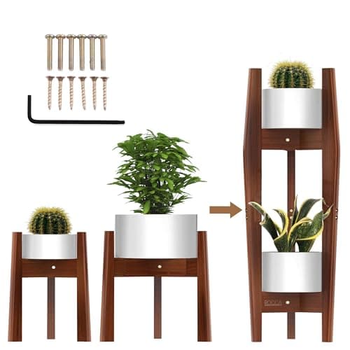 ROCCA 2-Tier Tall Plant Stand Indoor – Adjustable Bamboo Plant Stand (8–12”), Wooden Corner Pedestal for Multiple Pots, Modern Space-Saving Design