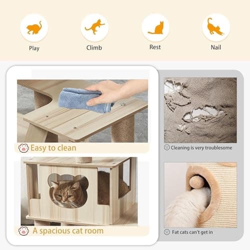 65-Inch Multi-Pure Wood-Level Cat Tree Tower with Condo, 13 Scratching Posts, with Padded Platform Bed, Toy Balls, and Sisal Scratching,Cat Tree for Indoor Cats Large Adult，Wood cat Tree. 6