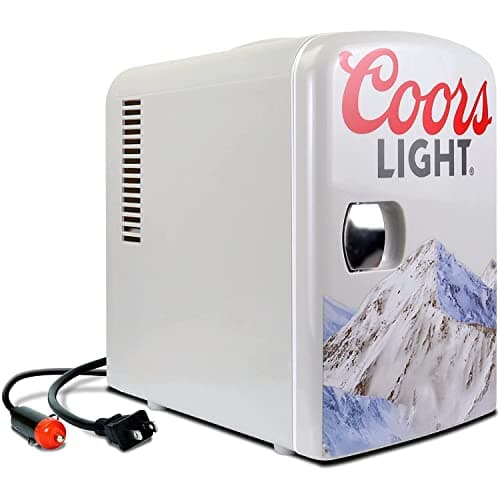 Coors Light Mini Fridge - Refrigerator for Bedroom Office, Portable Table Top Beverage Cooler, 12V 110V Refrigerador For Drinks, Soda, Wines, Use In Car, Dorm, Outdoor, 6 Can