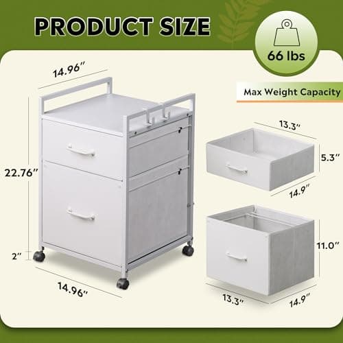 DEVAISE 2 Drawer Mobile File Cabinet, Rolling Printer Stand with Fabric Drawer, Vertical Filing Cabinets with Hanging Folders Fit A4 or Letter Size for Home Office, White 3