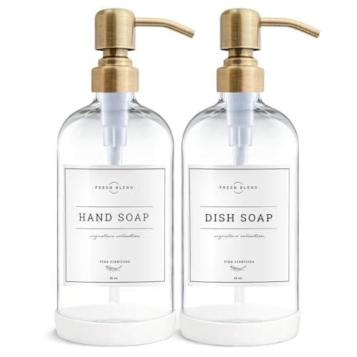 Vine Creations Clear Glass Soap Dispenser, 2 Pack Kitchen Soap Dispenser Set with Stainless Steel Pump, 16 oz Dish Soap and Hand Soap Dispensers for Bathroom with Waterproof Labels
