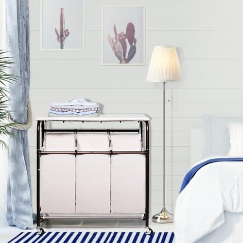 Ollieroo Classic Rolling Laundry Sorter Cart Heavy Duty 3 Bags Laundry Hamper Sorter with Ironing Board (Beige) 8