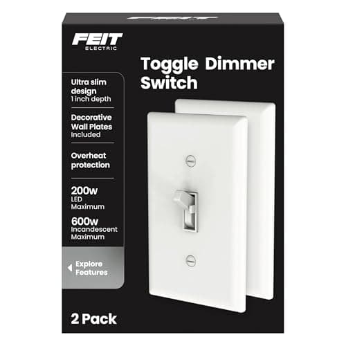 Feit Electric Toggle Dimmer with Light Switch for Dimmable LED Light Bulbs, Single Pole or 3-Way, Wall Plate and Wire Nut Installation Included, DIM/Toggle/2, 2 Pack