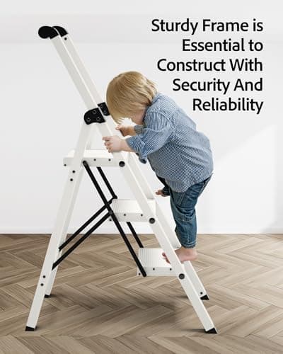 Taranta 3 Step Ladder, Lightweight Aluminum Step Stool with Convenient Handgrip, Folding Ladder with Anti-Slip Pedals, 330lbs Capacity Stepladder for Home, Office, Kitchen - White 5