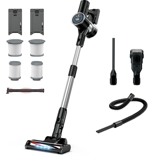 Cordless Vacuum Cleaner with 2 Batteries, 500W 45Kpa Lightweight Stick Vacuum Cleaners for Home with LED Display, Brushless Motor, Anti-Tangle, for Carpet & Hard Floor Pet Hair Grey