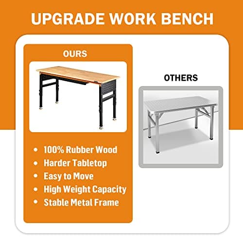 Betterhood 60" Heavy-Duty Adjustable Workbench for Garage, Rubber Wood Shop Table W/Double Pegboards & Drawer,Hardwood Workstation Weight Capacity Over 2000 Lbs 8