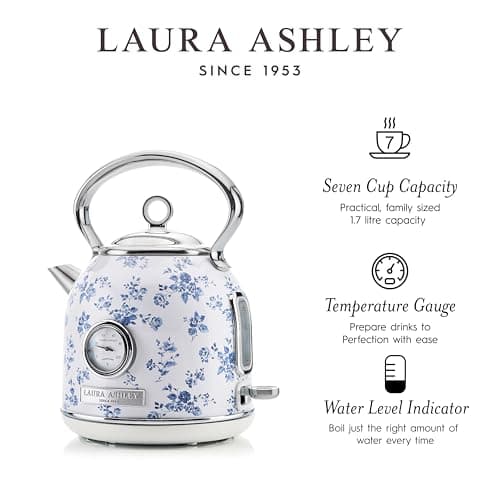Laura Ashley Stainless Steel Electric Kettle 1.7 Liter - 1500W Rapid Boil Electric Kettles for Boiling Water - Electric Tea Kettles Automatic Shut Off - Overheat & Boil Dry Protection Cordless Kettle 7