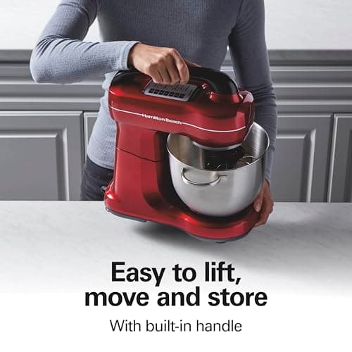 Hamilton Beach Electric Stand Mixer, 4 Quarts, Dough Hook, Flat Beater Attachments, Splash Guard, 7 Speeds with Whisk, Easy-Carry Top Handle, Red 6