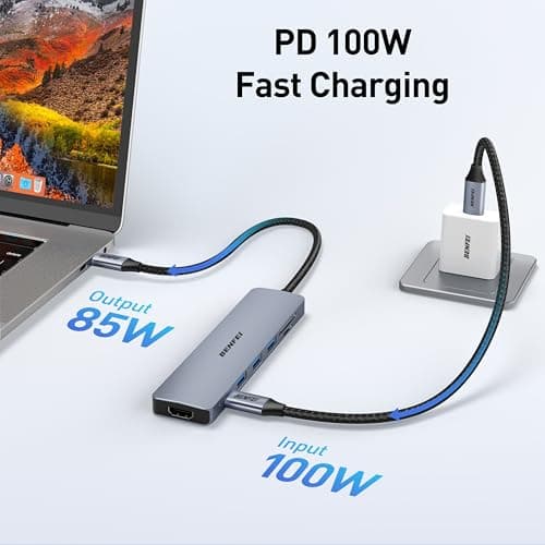 BENFEI USB C HUB 7-in-1 with HDMI(4K@60Hz,Certified), 100W Power Delivery, 3*USB 3.0, SD/TF Card Reader(160MB/s) Compatible with iPhone 15 Pro/Max, MacBook, iPad Pro, iMac, S23, XPS17 6