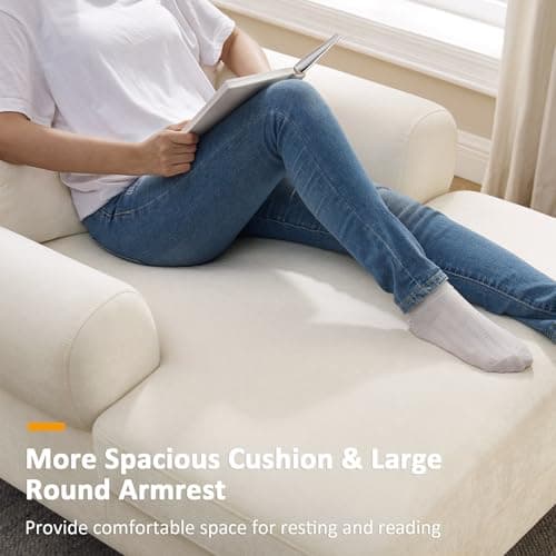 Condemo Modern Chaise Lounge Chair with Adjustable Backrest, Upholstered Indoor Leisure Sofa Recliner, Oversized Accent Chair Deep Seat Reading Armchair for Living Room, Bedroom, Office, Beige White 6