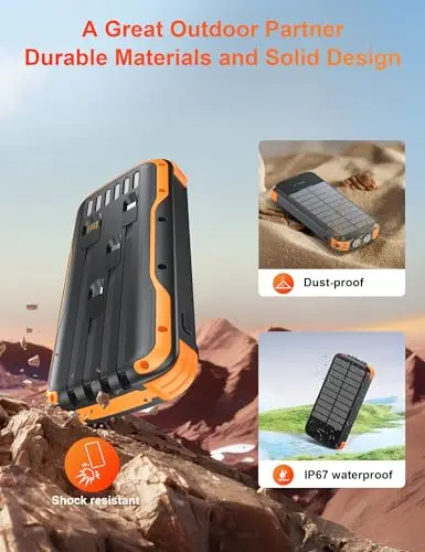 SOXONO Solar Charger Power Bank, PD 20W Fast Charging External Batter, 40000mAh Portable Phone Charger Built in 4 Cables with Dual Bright Flashlights for Camping, Hiking, and Outdoor Use 8