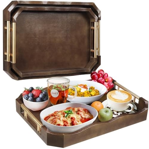 QooWare Bamboo Serving Tray with Handles Set of 2, 16.5x12 Inch Wood Serving Tray with Wave Edge Design, Ottoman Tray for Serving Food, Tea, Drinks and Home Decor Organization, Walnut Brown