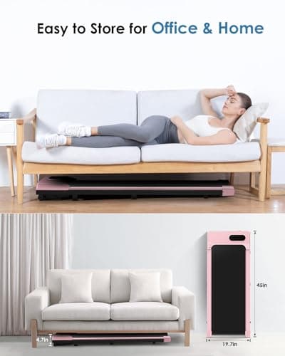 Walking Pad Treadmill Under Desk, 5MPH Small Portable Treadmill for Office & Home, Mini Quiet Compact, 2.5HP Flat Running Machine, 300 Lb Capacity, Pink 5