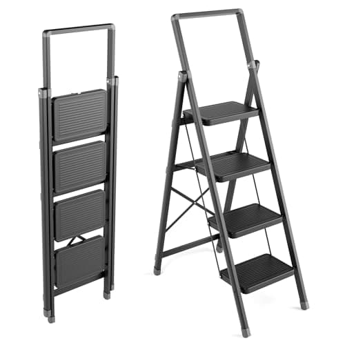 4 Step Ladder, Folding Step Stool with Wide Anti-Slip Pedal, Sturdy Steel Ladder, Convenient Handgrip, Lightweight, Portable Steel Step Stool, Black