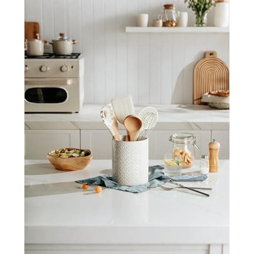 MIKIGEY Kitchen Utensil Holder, 6x7 inch Large Ceramic Utensil Holder with Embossed Pattern, Cooking Utensil Crocks for Kitchen Countertop, Home Decor, Off-White 6