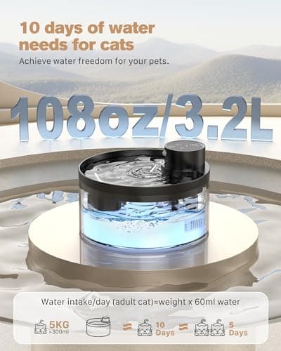 Battery Operated Cat Water Fountain: 108oz/3.2L Wireless Cat Fountain Motion Sensor Pet Water Fountain - Built-in 4200mAh Battery Quiet Water Fountains for Cats Indoor LED Light - GIOTOHUN 7