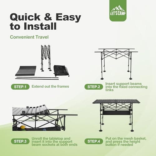 LET'S CAMP Folding Camping Table, Portable Aluminum Roll-up Picnic Backpacking Table with Adjustable Height, Large Storage and Carrying Bag for Picnic, Camping, BBQ, Party, Backyard, Beach 7