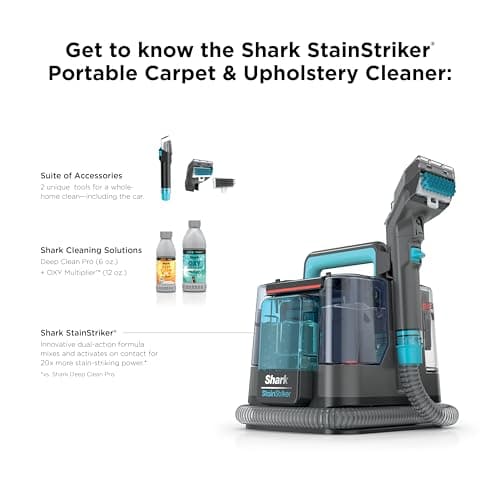 Shark StainStriker Portable Carpet & Upholstery Cleaner w/on board self cleaning - Spot, Stain, & Odor Eliminator, Includes 2 Cleaning Tools & 2 Cleaning Solutions, Charcoal, PX221BRN 10
