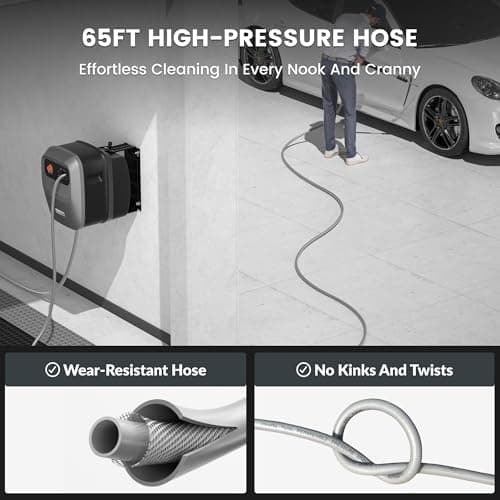 Giraffe Tools Grandfalls Retractable Pressure Washer G20, 2500 PSI 2.2 GPM, 180° Wall Mounted Power Washer, Auto-Retract with 65FT Hose Reel, 5 Nozzles for Floor/Cars/Fences/Patios, Dark Silver 5