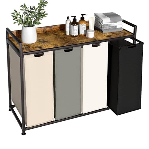 Herture Laundry Hamper with Shelf, Laundry Basket 4 Section, Laundry Sorter with Pull-Out Removable Large 4 Color Bags and Movable Wheels, Metal Frame, 4 x 15.87 Gallons (60L), Rustic Brown PF07XLN