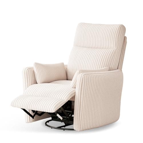 LINSY 360 Swivel Recliner Chair: Corduroy Rocking Chair Nursery Glider Chairs with 2 Pillows Comfy High Back Adult Recliner for Small Spaces, Living Room Bedroom Nursery Reclining Chairs, Light Beige