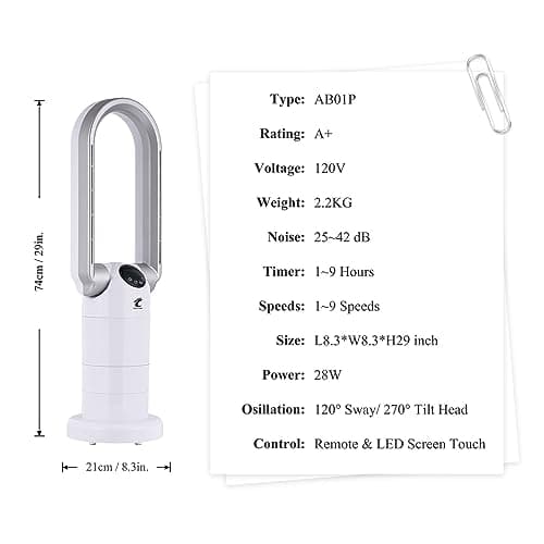 Ocean Loong Bladeless Tower Fan with HEPA Air Filter - Oscillation & Tilt Head - Quiet Cooling Fan for Bedroom Home Office 9 Speeds 9Hours Timer and Remote Control (White, 29”) 10