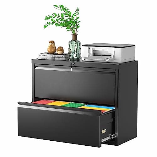 Greenvelly 2 Drawer Filing Cabinet, Black Lateral File Cabinet with Lock, Office File Cabinets for Legal/Letter/A4/F4 Size with Hanging Files&Key，Lockable Metal File Cabinet for Home Office,