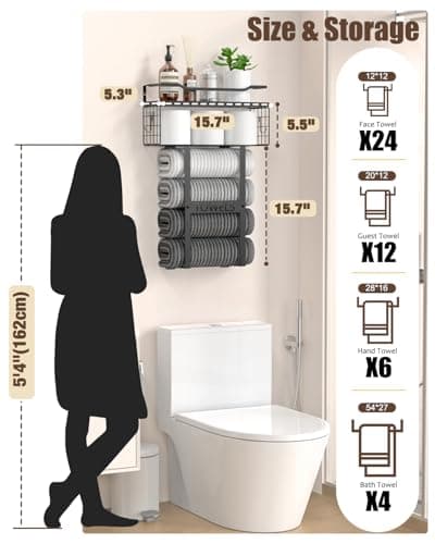 Wall Mounted Towel Rack for Bathroom - Bath Storage Holder Set Above Toilet, Rolled Towel Shelf Organizer, Wood Vertical Rack for Small Bathroom Decor, Black 6