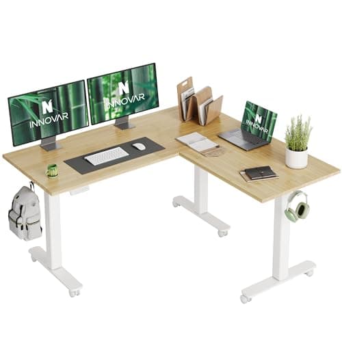 INNOVAR Bamboo Triple Motor L Shaped Standing Desk, 63 x 55 inch Corner Stand Up Desk, Adjustable Height Home Office Desk, White Frame/Nature Top