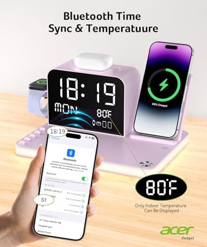 Acer 7-in-1 Wireless Charging Station with LED Clock - 30W Fast Wireless Charger for iPhone 16/15/14/13/12/Pro Max, Apple Watch, AirPods - Bluetooth Auto Time Sync & Night Lights (Purple) 7