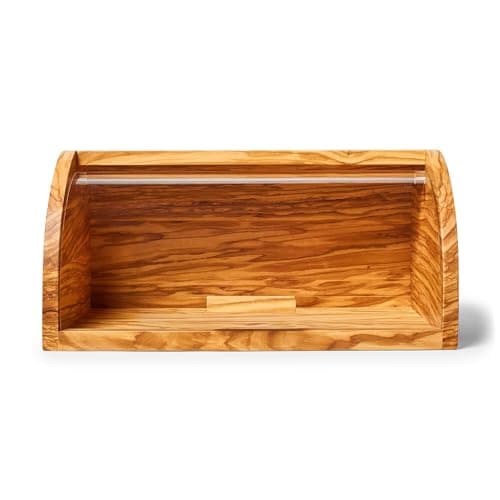 Sur La Table Olivewood Bread Box – 14.2" Countertop Bread Storage with Clear Lid & Handle, Crafted from Natural Hardwood with Unique Grain, Keeps Baked Goods Fresher Longer