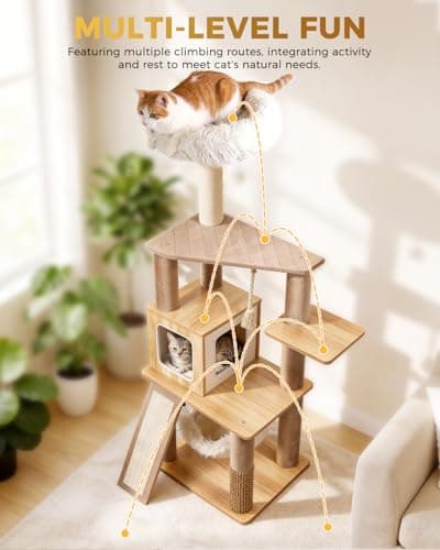Purrlato 61" Modern Cat Tree Tower for Indoor Cats, Luxury Climbing Tower with Plush Lounge, Kitty Condos, Hammock & Scratching Posts, Classic cat Furniture 5