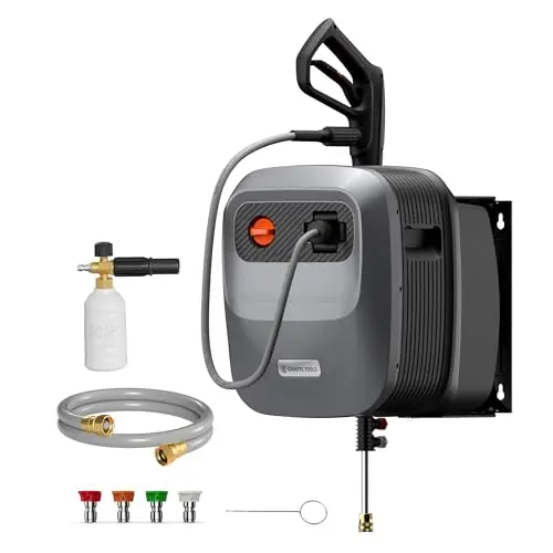 Giraffe Tools Grandfalls Retractable Pressure Washer G20, 2500 PSI 2.2 GPM, 180° Wall Mounted Power Washer, Auto-Retract with 65FT Hose Reel, 5 Nozzles for Floor/Cars/Fences/Patios, Dark Silver